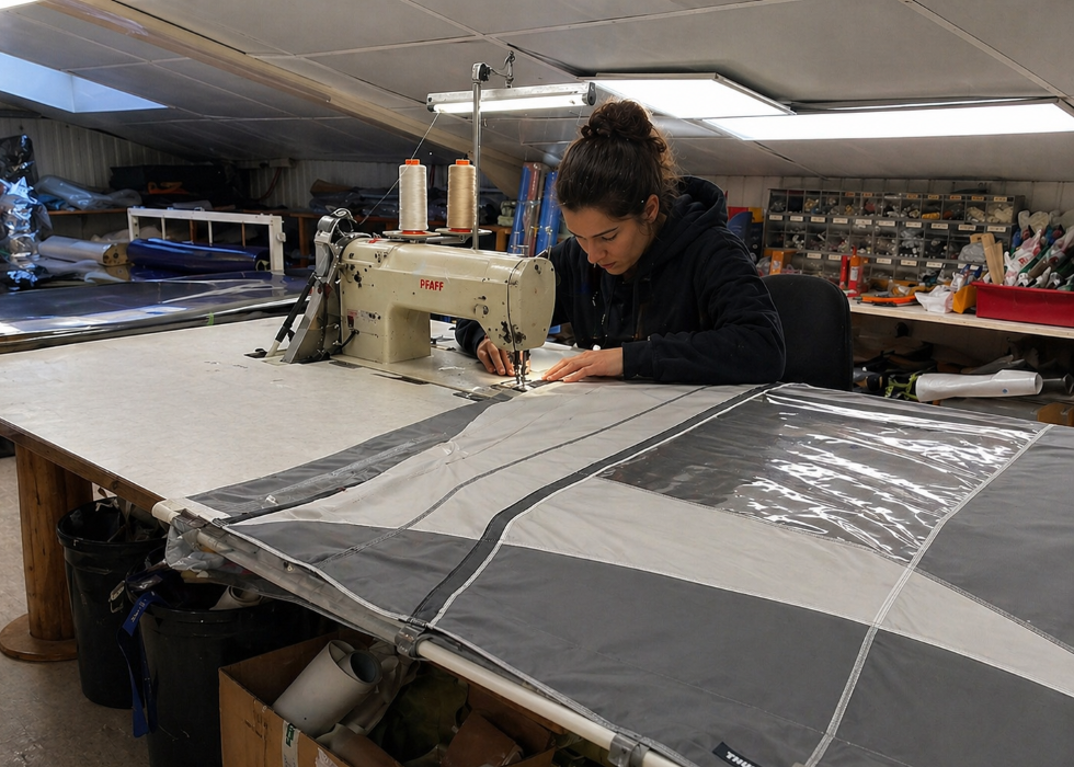 Femme cousant sur machine industrielle.
